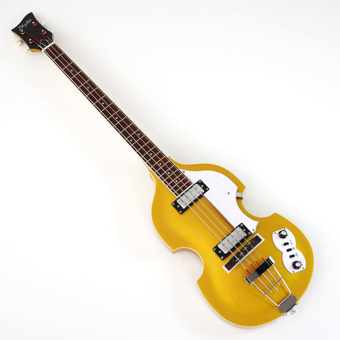 PPEQ 4 Strings Semi Hollow Violin Electric Bass Guitar with Gold Metallic Sparkling Finish (PHY-107)