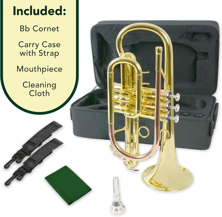 Bb Key Cornet with Case, Strap, Mouthpiece, Cleaning Cloth