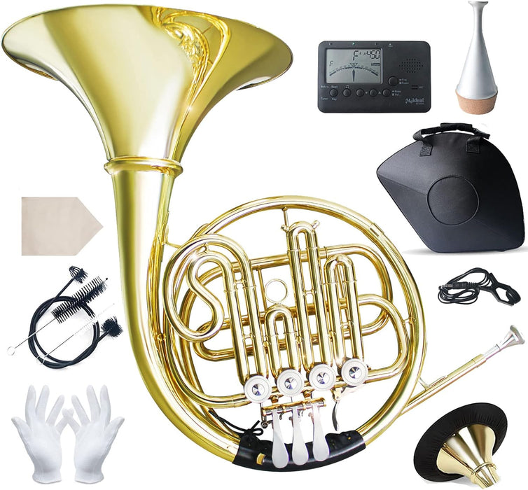 B Flat Single Row French Horn with Case, Cleaning Kit, Gloves, Tuner, Mouthpiece