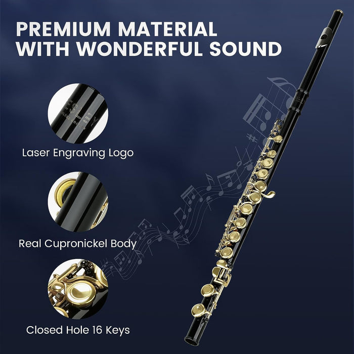 C Flute Closed Hole with Cleaning Kit, Case, Stand, Tuning Rod, Gloves