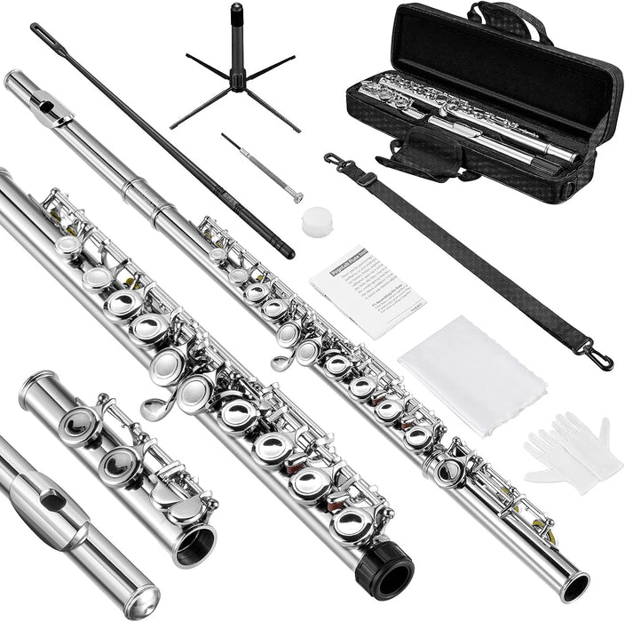 Closed Hole C 16 Keys Flute with Case, Cleaning Kit, Stand and Gloves
