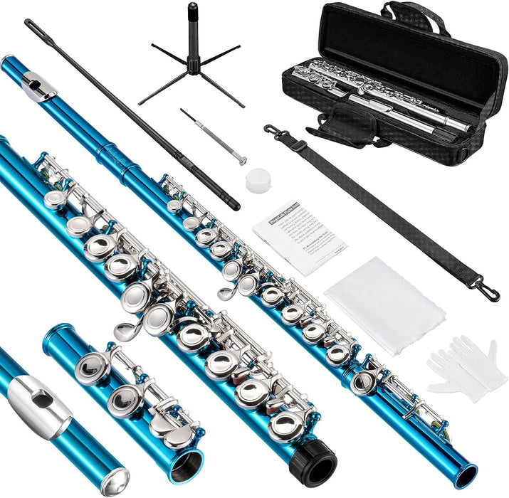 Closed Hole C 16 Keys Flute with Case, Cleaning Kit, Stand and Gloves
