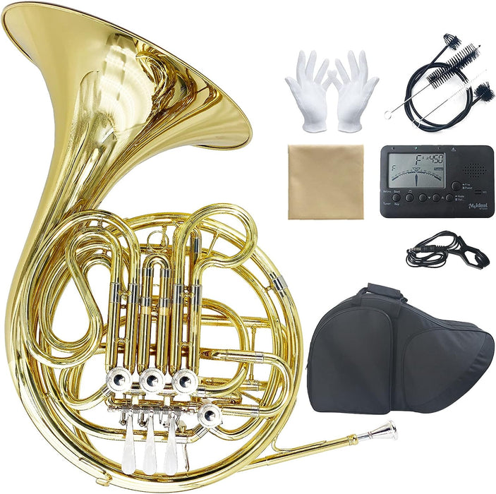 Double F/Bb Key French Horn with Case, Tuner, Cleaning Kit, Gloves