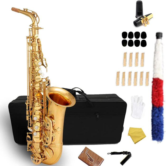 Eb Key Alto Saxophone with Case, Gloves, Mouthpiece, Cleaning Kit, Reeds and Neck Strap