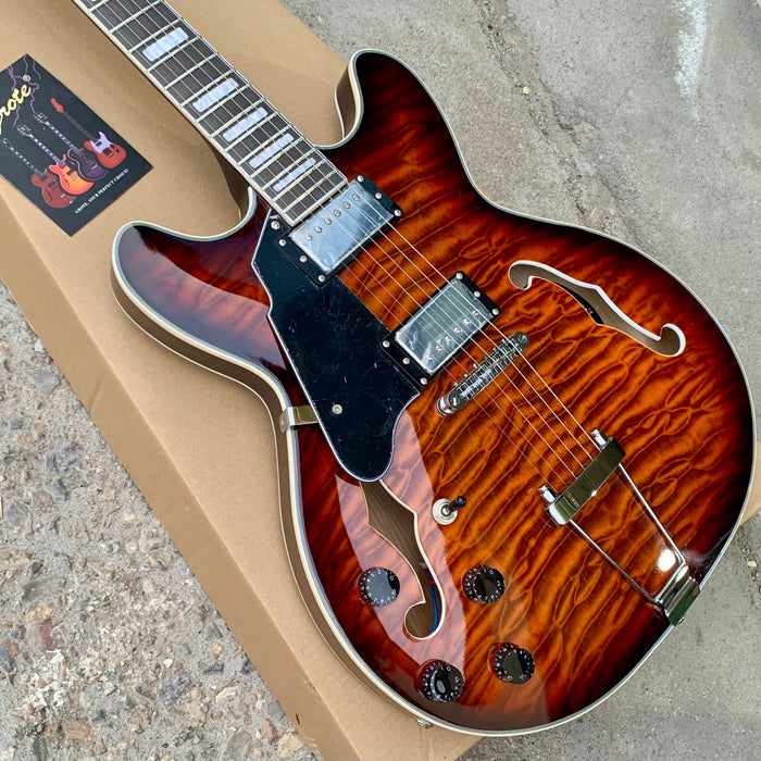 Left Hand Semi Hollow Electric Guitar with Quilted Maple Top (YMZ-158)