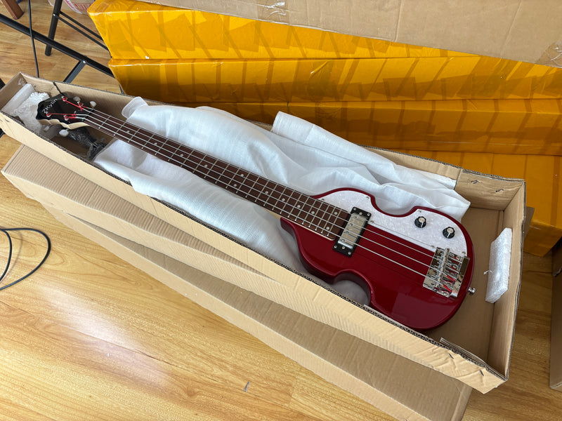 4-String Shorty Violin-Shaped Electric Bass Guitar with Gloss Red Metallic Finish (HY-2531)