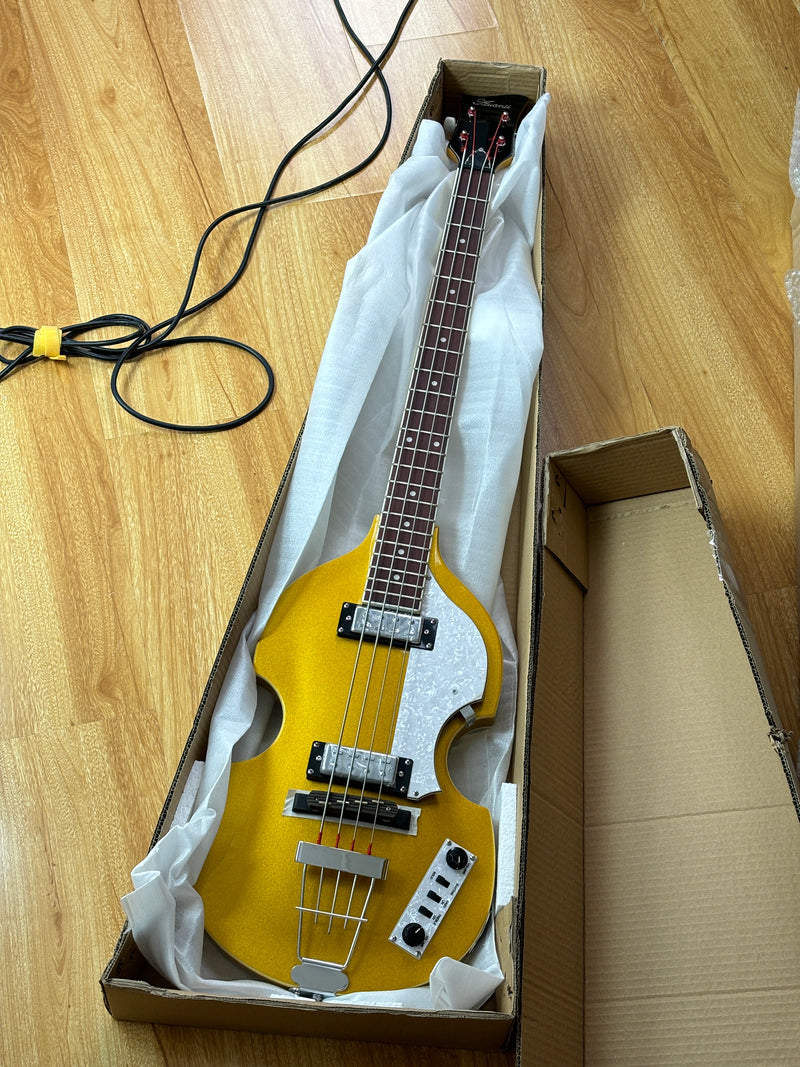 4-String Violin-Shaped Electric Bass Guitar with Gold Gloss Metallic Finish (HY-2515)