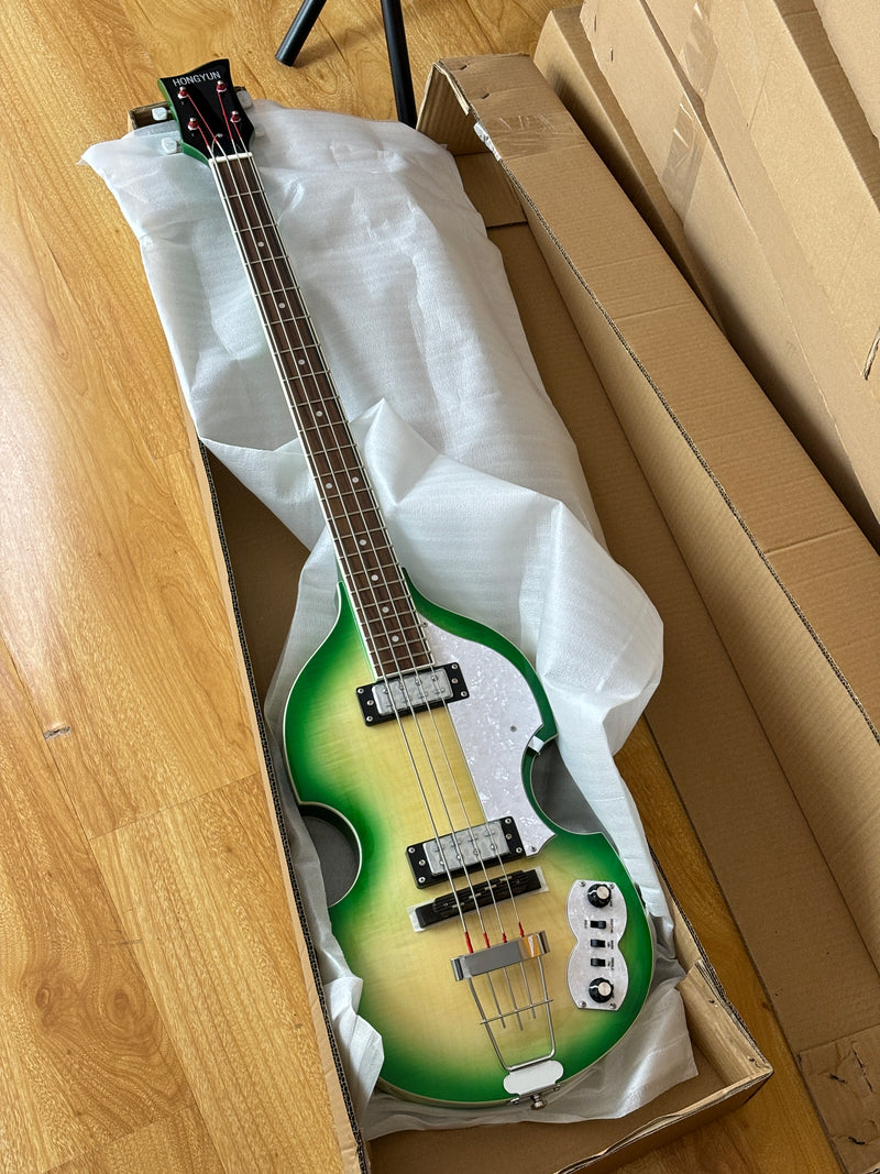 4-String Violin-Shaped Electric Bass with Gloss Lime Green-Cream Sunburst Finish (HY-2512)