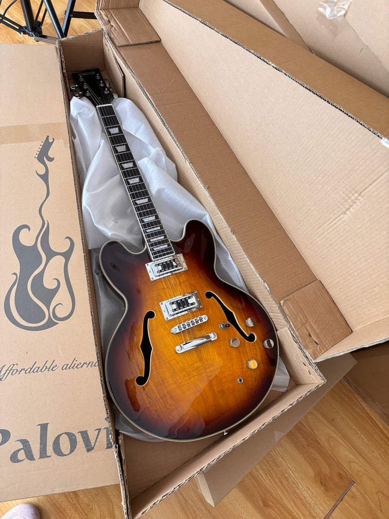 6-String ES-Style Semi-Hollow Body Electric Guitar with Spalted Maple Veneer Top (HY-2507)