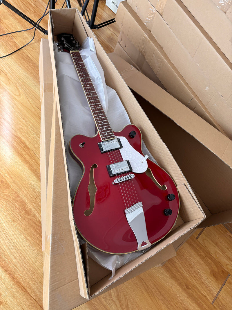 6-String ES-Style Semi-Hollow Body Electric Guitar with Sparkling Red Metallic Finish (HY-2508)