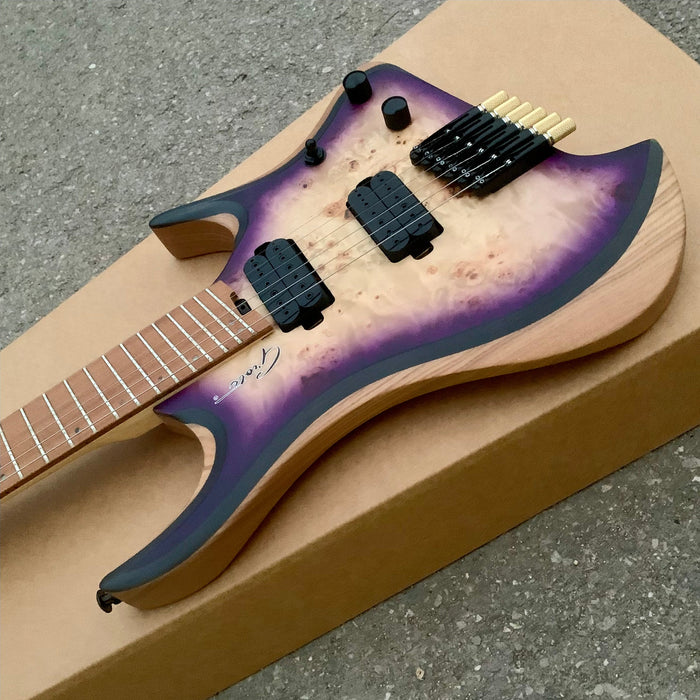 6 Strings Ash Body Headless Electric Guitar with Burl Maple Top (YMZ-235)