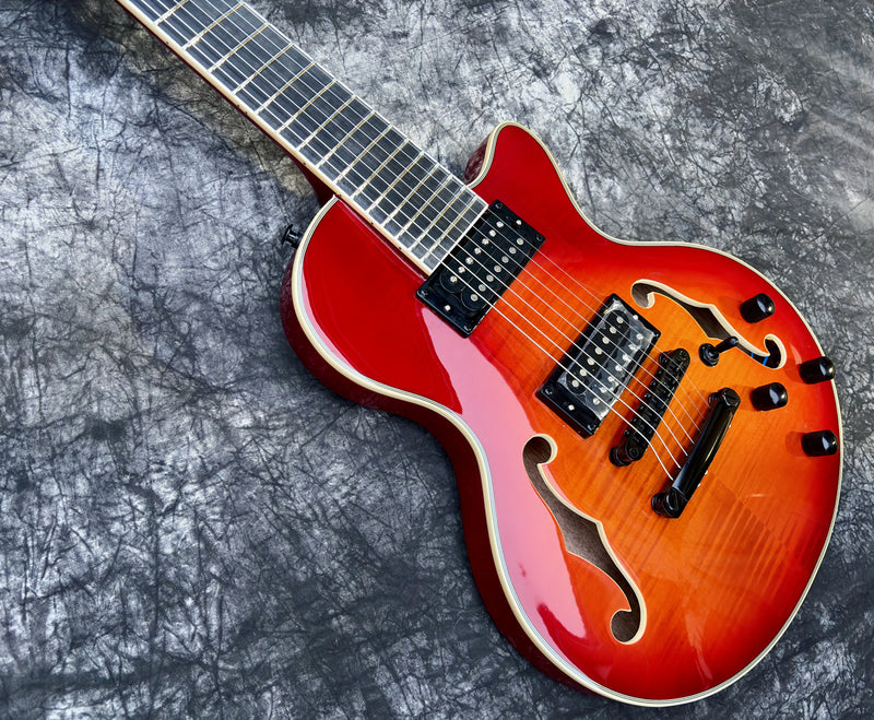 7-String Semi-Hollow Body Electric Guitar with Gloss Cherry Sunburst Finish (YMZ-262)