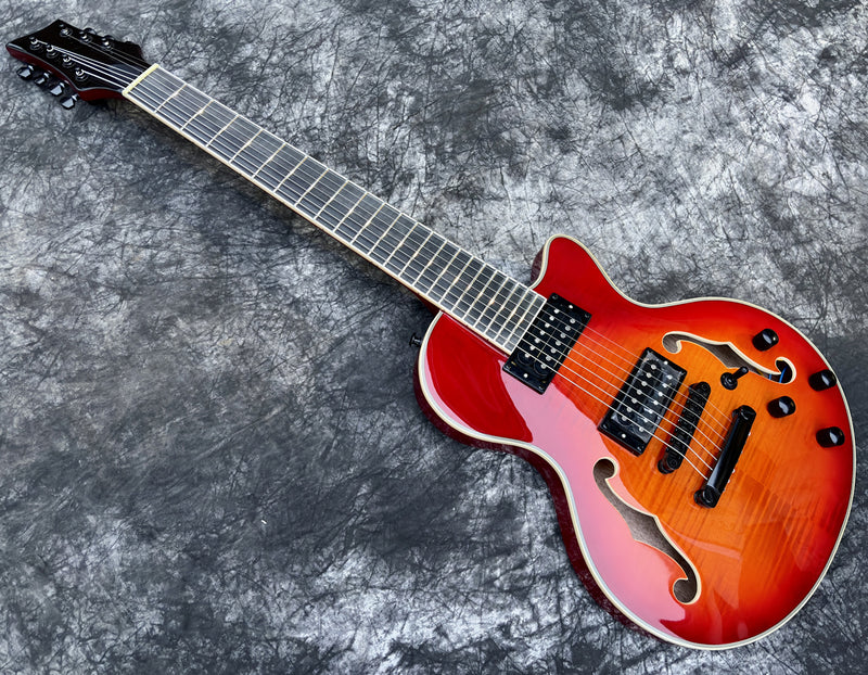 7-String Semi-Hollow Body Electric Guitar with Gloss Cherry Sunburst Finish (YMZ-262)