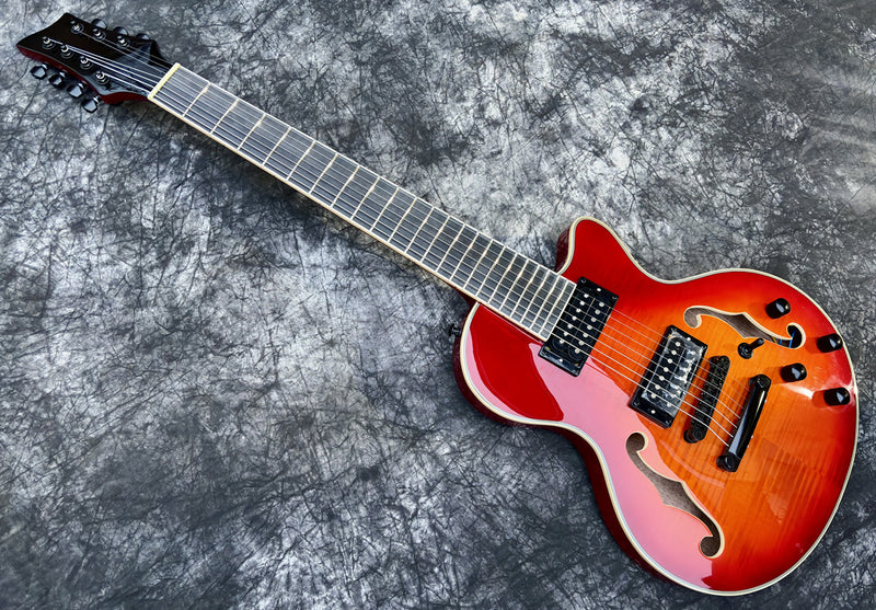 7-String Semi-Hollow Body Electric Guitar with Gloss Cherry Sunburst Finish (YMZ-262)