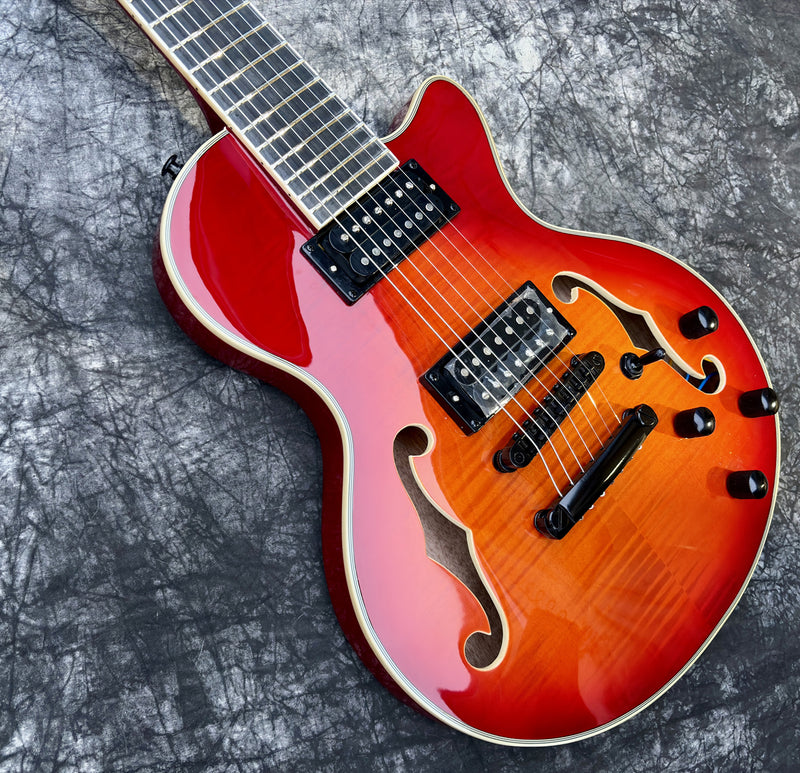 7-String Semi-Hollow Body Electric Guitar with Gloss Cherry Sunburst Finish (YMZ-262)