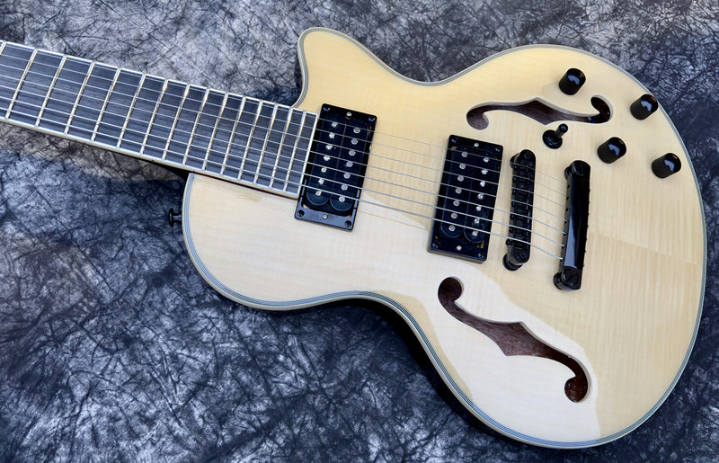 7-String Semi-Hollow Body Electric Guitar with Gloss Natural Finish (YMZ-010X)
