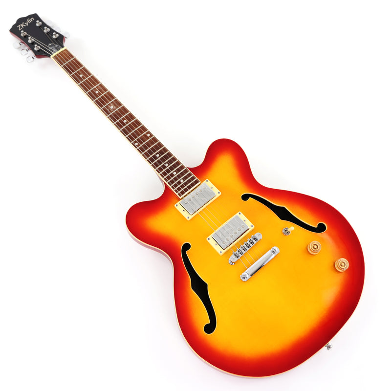 Cherry Red-Orange Sunburst Semi-Hollow Body Electric Guitar with Gloss Finish (HY-2511)
