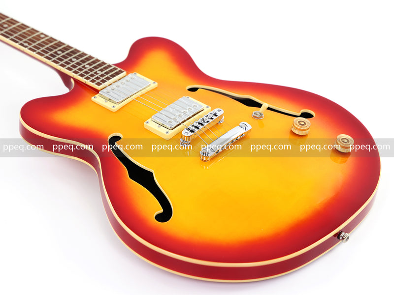 Cherry Red-Orange Sunburst Semi-Hollow Body Electric Guitar with Gloss Finish (HY-2511)