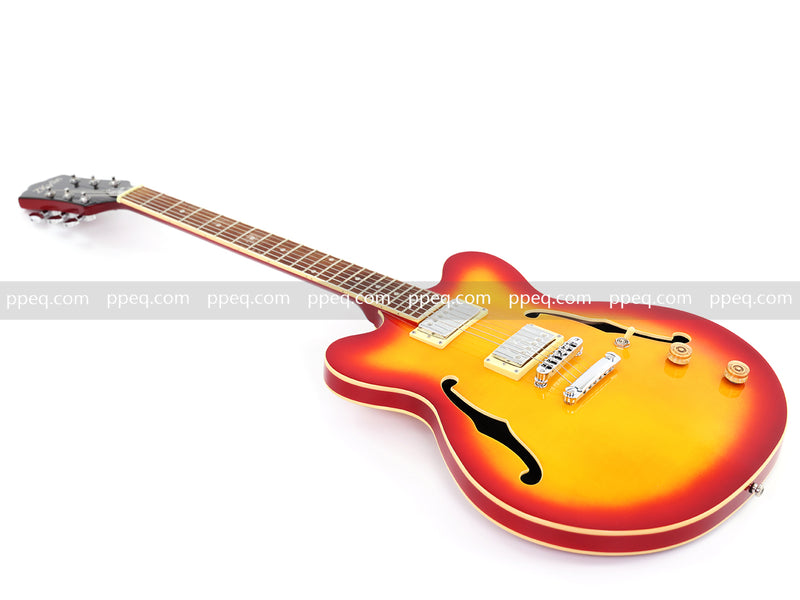 Cherry Red-Orange Sunburst Semi-Hollow Body Electric Guitar with Gloss Finish (HY-2511)