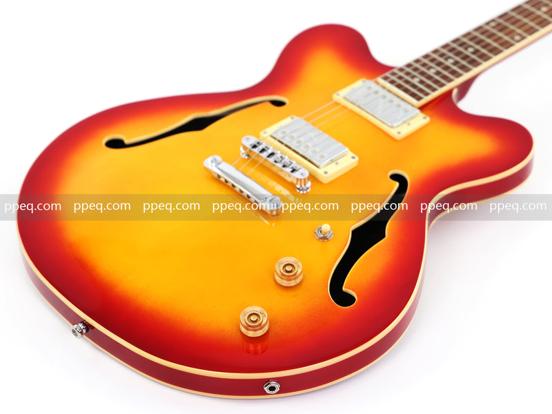Cherry Red-Orange Sunburst Semi-Hollow Body Electric Guitar with Gloss Finish (HY-2511)