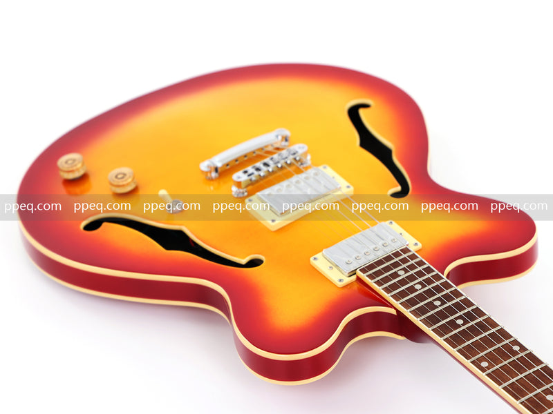 Cherry Red-Orange Sunburst Semi-Hollow Body Electric Guitar with Gloss Finish (HY-2511)
