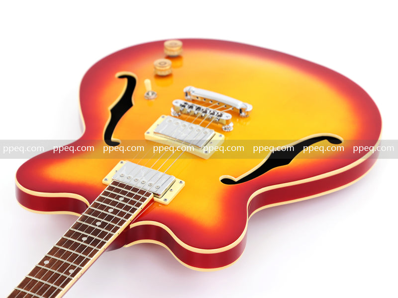 Cherry Red-Orange Sunburst Semi-Hollow Body Electric Guitar with Gloss Finish (HY-2511)