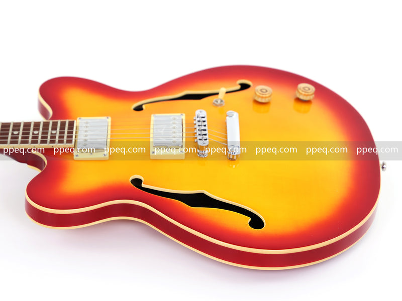 Cherry Red-Orange Sunburst Semi-Hollow Body Electric Guitar with Gloss Finish (HY-2511)