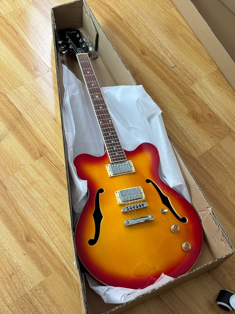 Cherry Red-Orange Sunburst Semi-Hollow Body Electric Guitar with Gloss Finish (HY-2511)