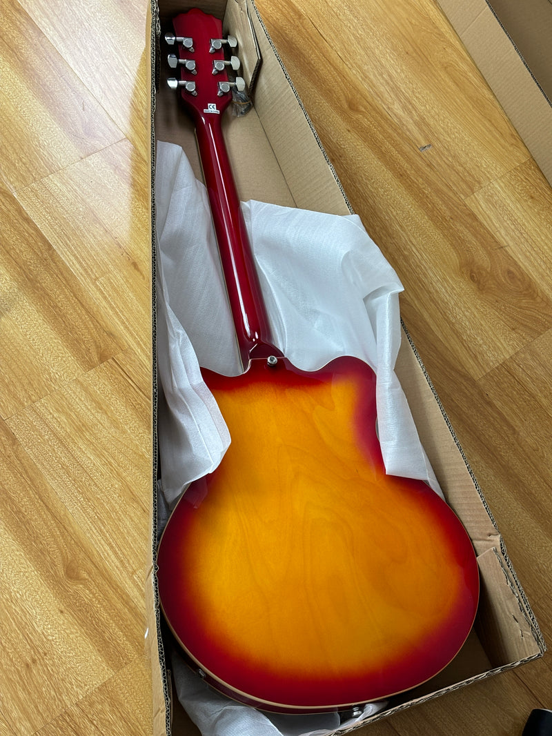 Cherry Red-Orange Sunburst Semi-Hollow Body Electric Guitar with Gloss Finish (HY-2511)