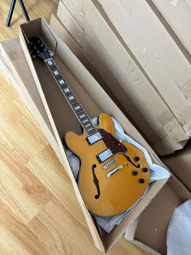 ES-Style Semi-Hollow Body Electric Guitar with Gold Gloss Metallic Finish (YMZ-277)