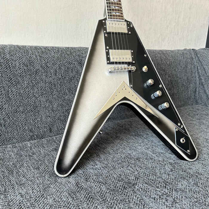 Flying V Style Electric Guitar with Metallic Silver Finish (GKS-010)