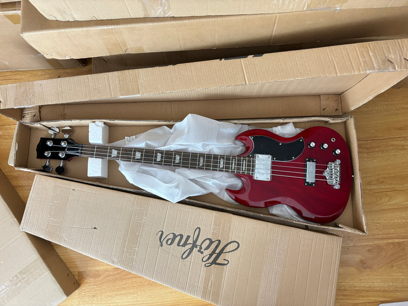 Gloss Cherry Red 4-String SG-Style Electric Bass Guitar (LYM-588)