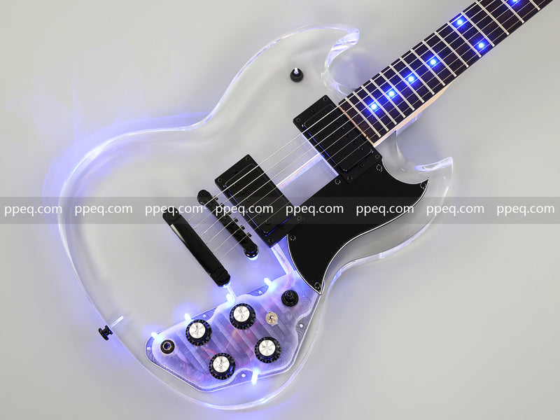 SG Style Transparent Acrylic-Bodied Electric Guitar with Blue LED Lights (12336)