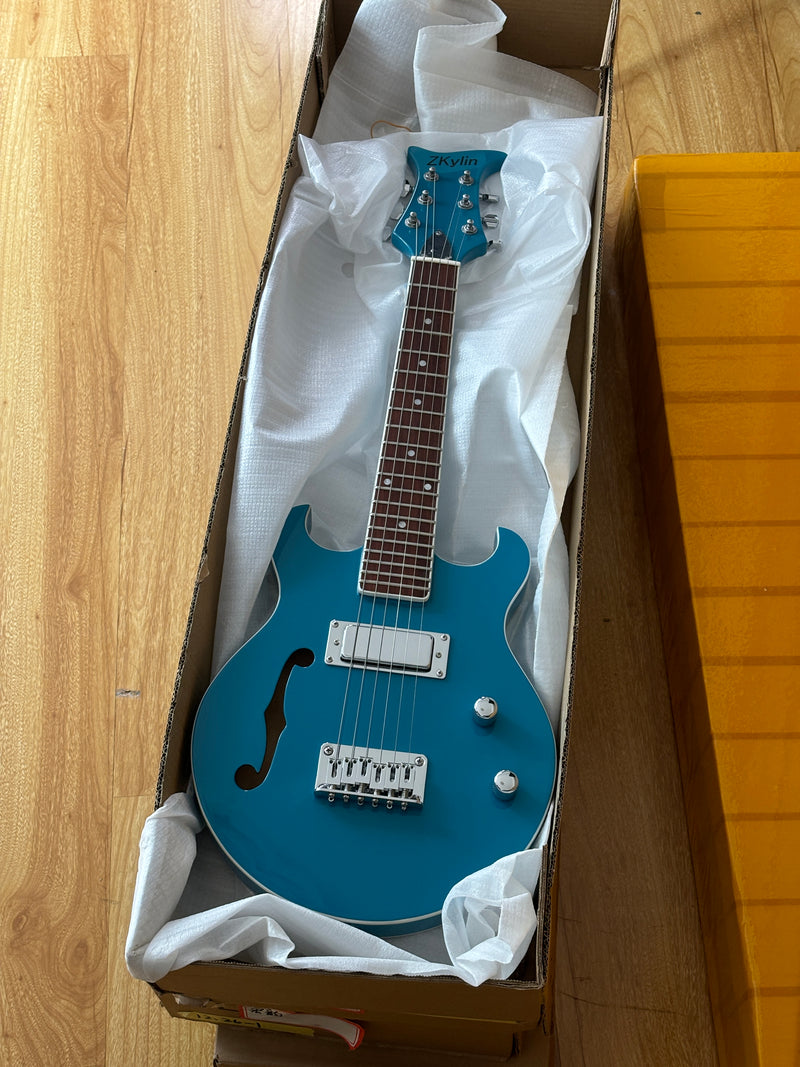 Shorty Semi-Hollow Body Electric Guitar with Gloss Bright Blue Finish (HY-2525)