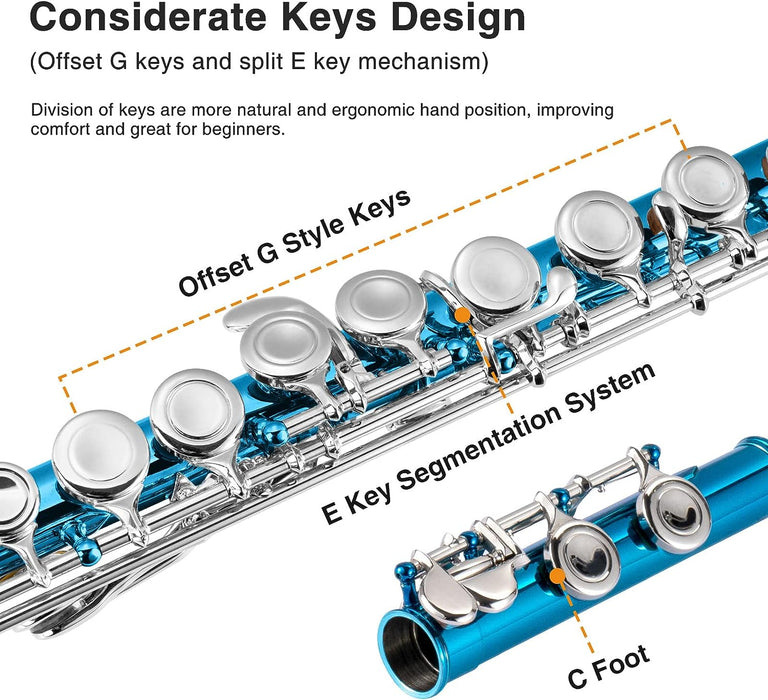 Closed Hole C 16 Keys Flute with Case, Cleaning Kit, Stand and Gloves