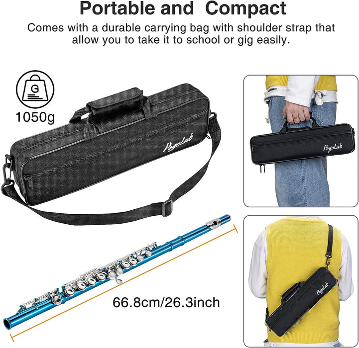 Closed Hole C 16 Keys Flute with Case, Cleaning Kit, Stand and Gloves