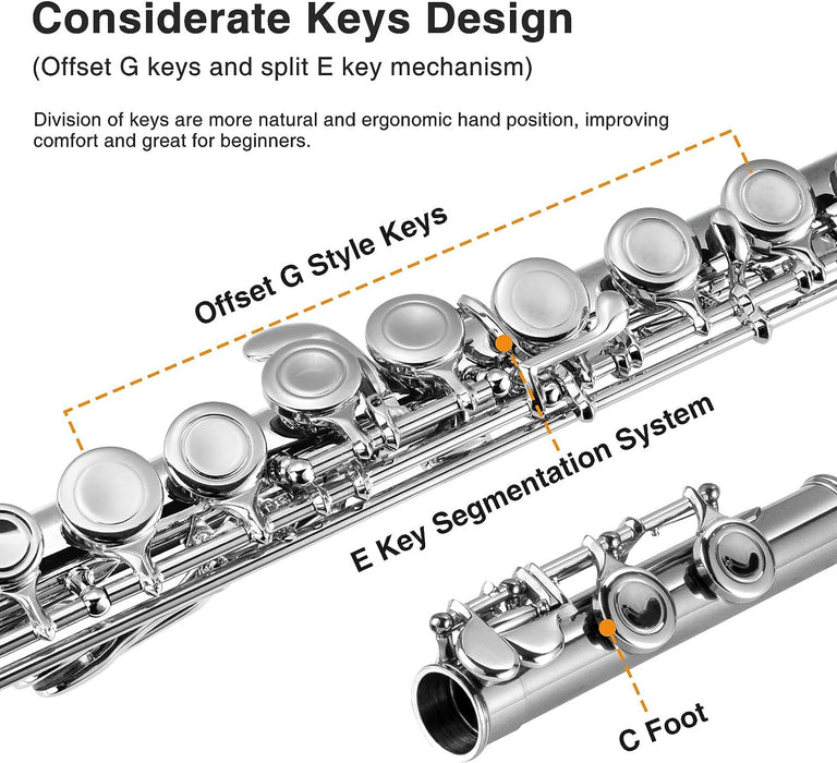 Closed Hole C 16 Keys Flute with Case, Cleaning Kit, Stand and Gloves